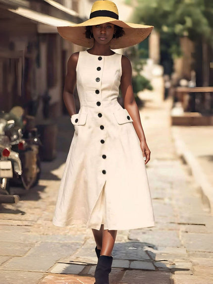 Cream sleeveless midi button dress with flap pockets and peplum-style waist