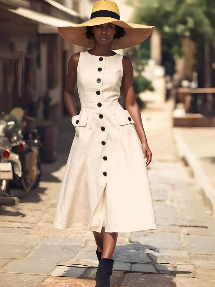 Cream sleeveless midi button dress with flap pockets and peplum-style waist