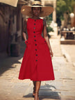 Red sleeveless midi button dress with flap pockets and centered button placket