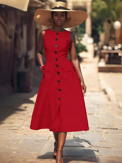 Red sleeveless midi button dress with flap pockets and centered button placket