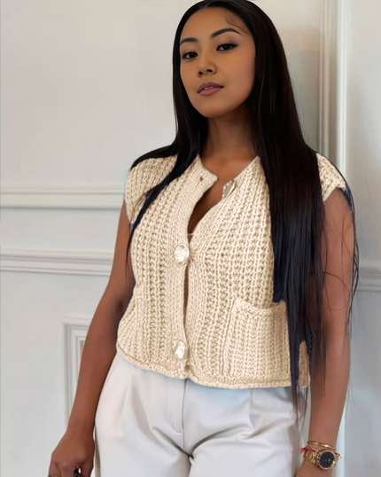 Vest Sleeveless Knitted Textured Pocket Button Chic