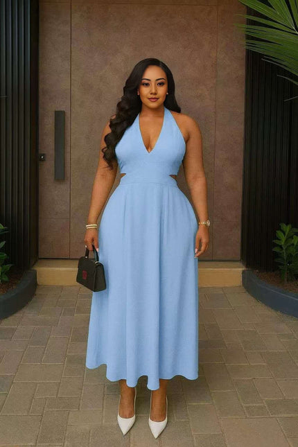 Sky-blue halter midi dress with V neckline and flared skirt