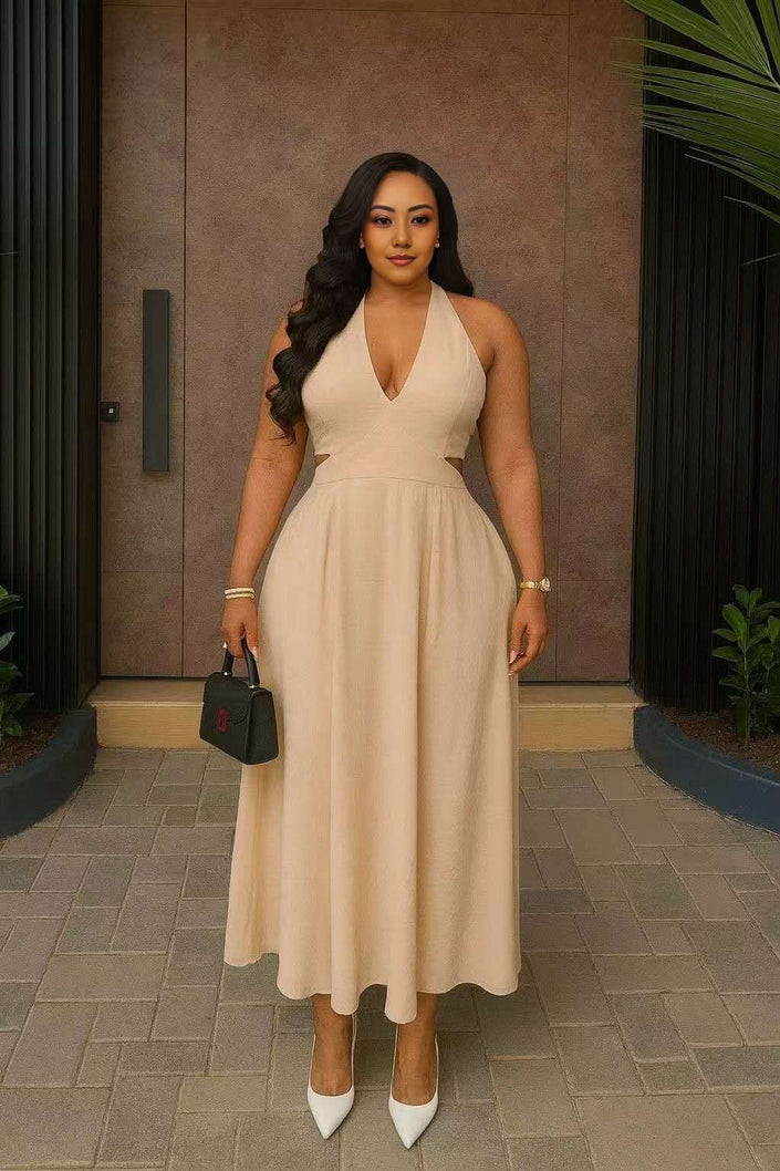 Beige halter midi dress with V neckline and flared skirt