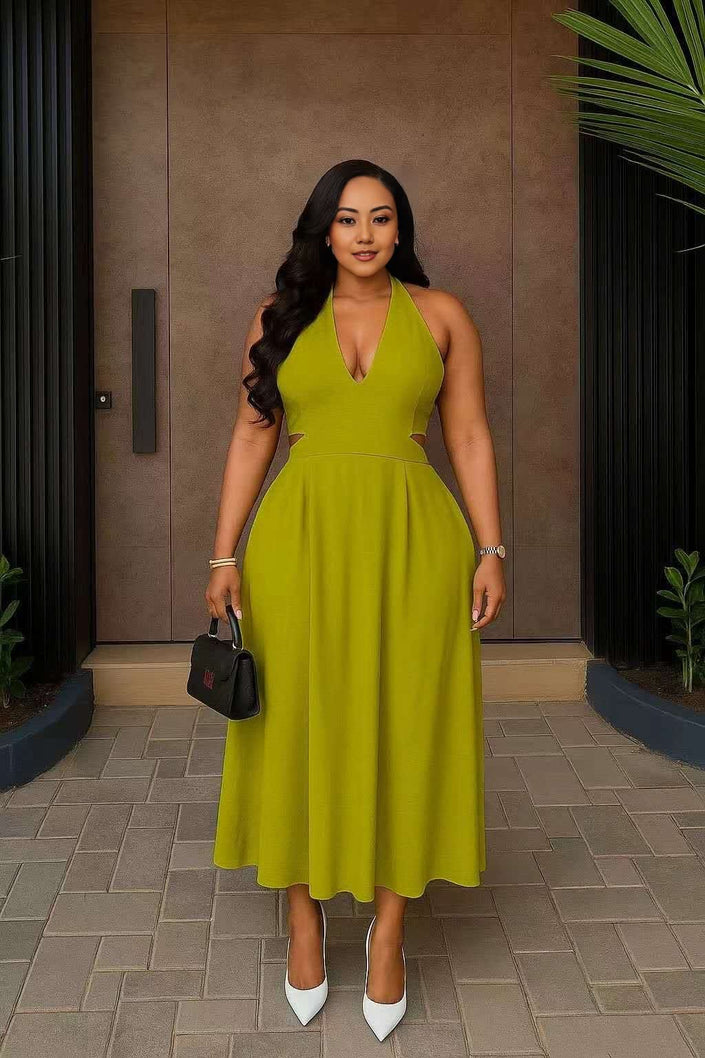 Yellow-green halter midi dress with V neckline and flared skirt
