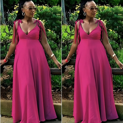 Hot pink maxi dress with tie shoulder straps, deep V-neck, adjustable fit