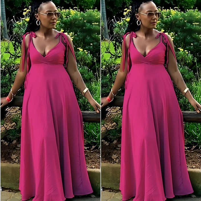 Hot pink maxi dress with tie shoulder straps, deep V-neck, adjustable fit