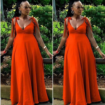 Orange-red maxi dress with tie shoulder straps and deep V-neck, adjustable fit