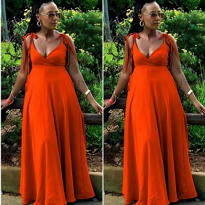 Orange-red maxi dress with tie shoulder straps and deep V-neck, adjustable fit