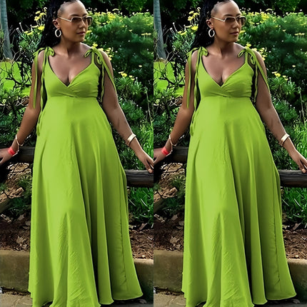 Lime green maxi dress with tie shoulder straps, deep V-neck, adjustable fit