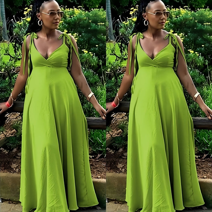Lime green maxi dress with tie shoulder straps, deep V-neck, adjustable fit