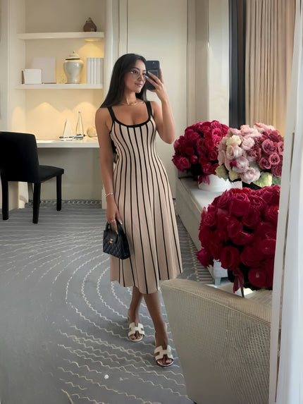 Beige midi A-line dress with black vertical stripes, square-scoop neckline and spaghetti straps