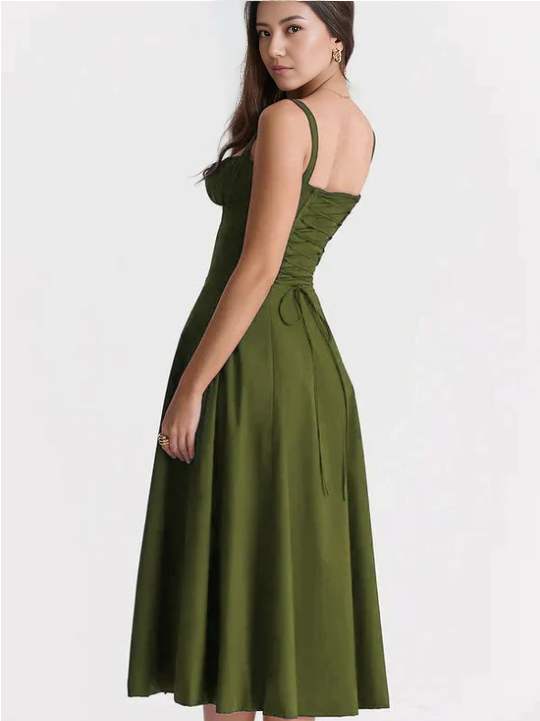Dark-green midi dress with spaghetti straps and cinched waist, side view