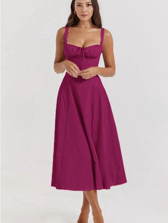 Maroon midi dress with spaghetti straps, ruched bust, and cinched waist