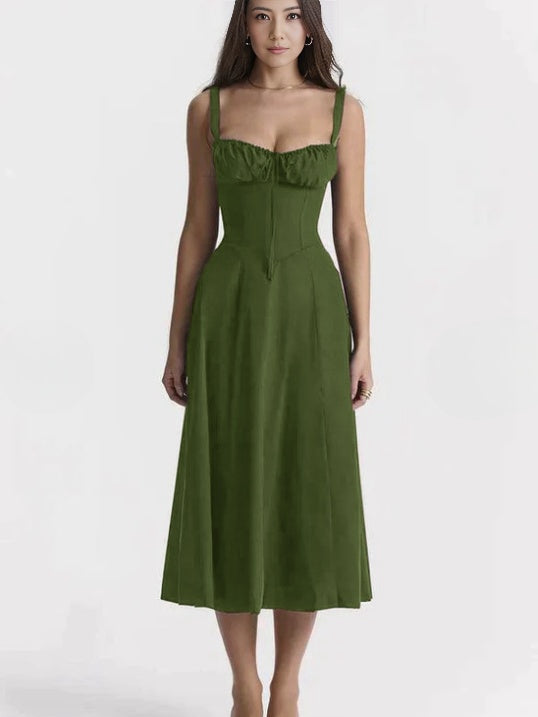 Dark-green midi dress with spaghetti straps, ruched bust, and cinched waist