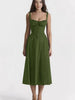 Dark-green midi dress with spaghetti straps, ruched bust, and cinched waist