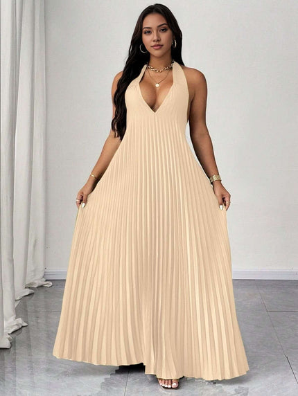 Nude halter V-neck pleated maxi dress with flowing pleats