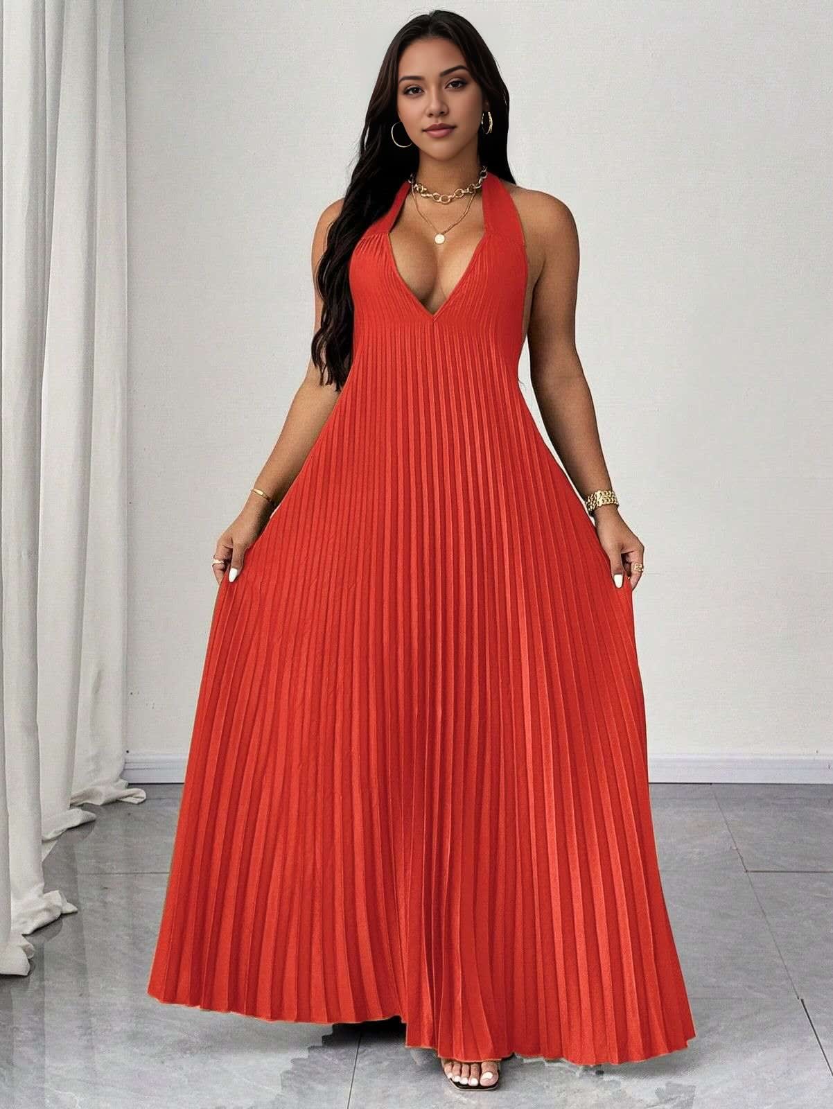 Halter V Neck Pleated Maxi Dress Formal Evening Occasions