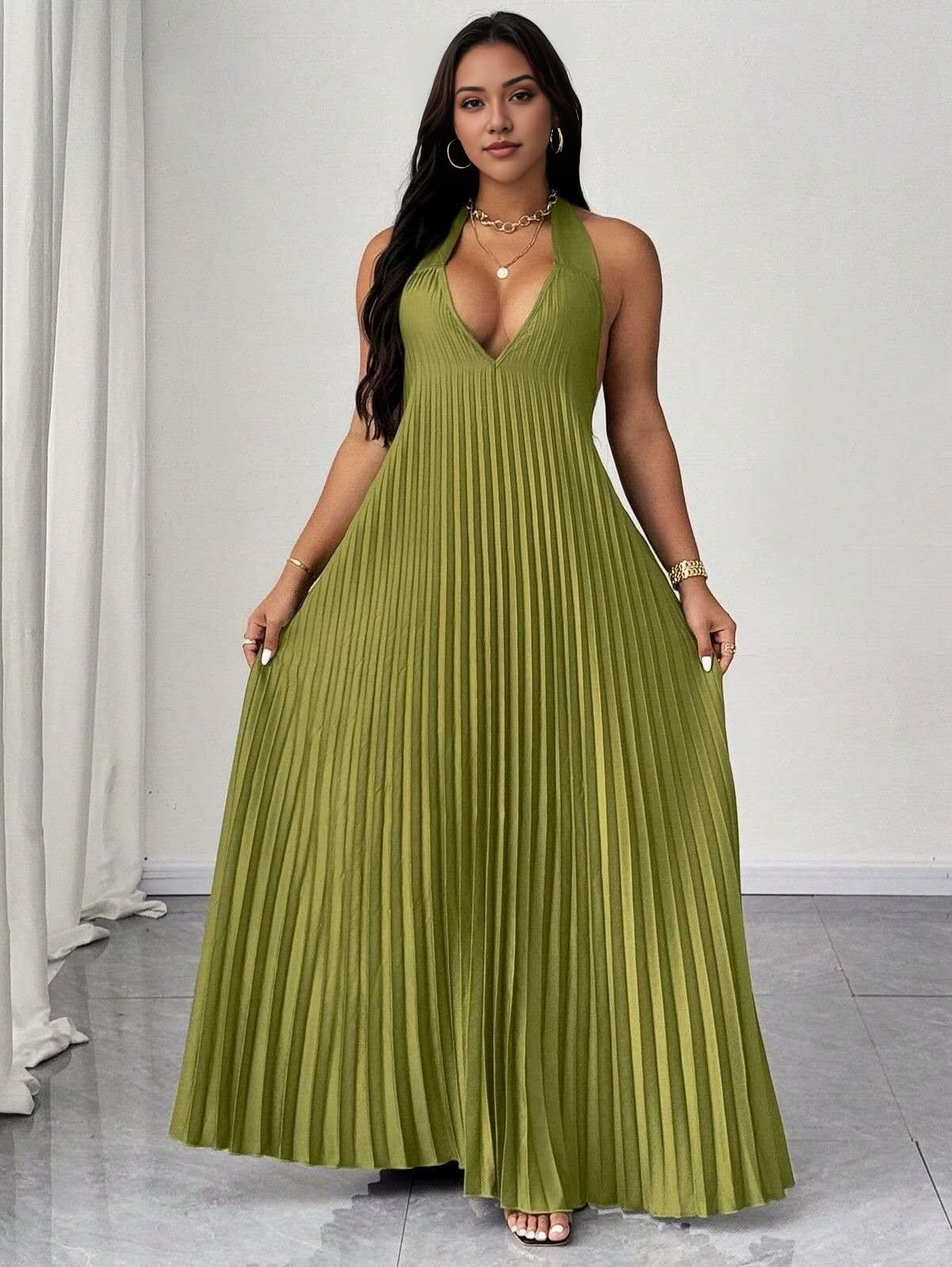 Halter V Neck Pleated Maxi Dress Formal Evening Occasions