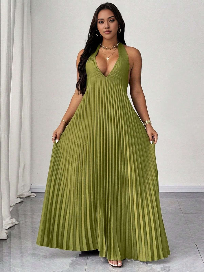 Olive halter V-neck pleated maxi dress with flowing pleats