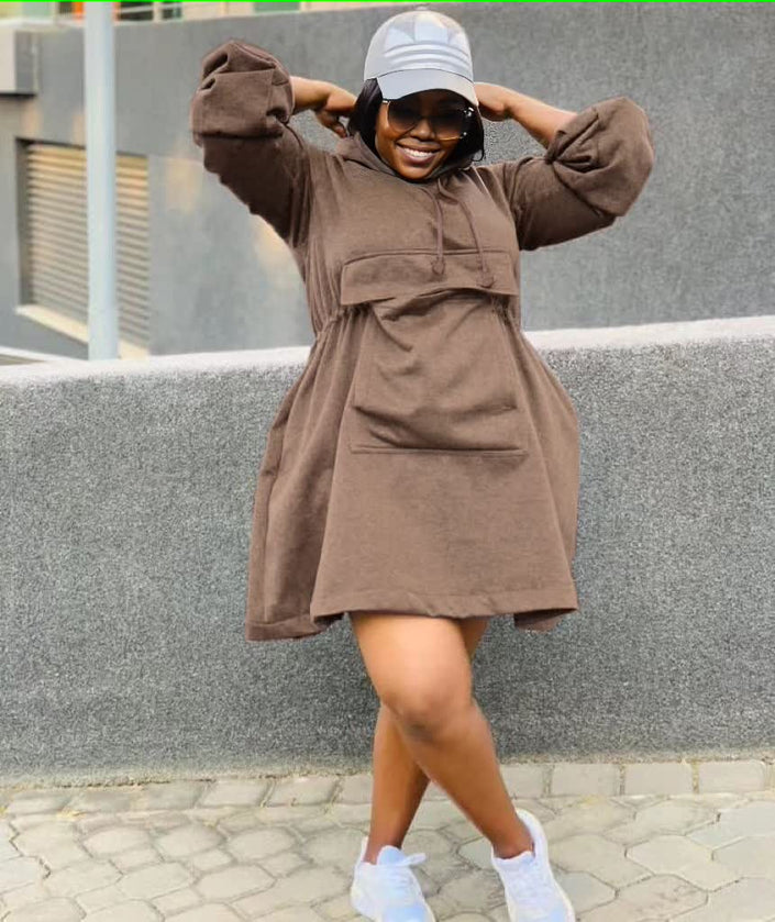 Brown oversized hoodie dress with front pouch pocket and hood, long sleeves
