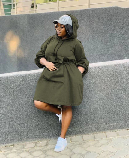 Dark-olive oversized hoodie dress with front pouch pocket and hood, long sleeves