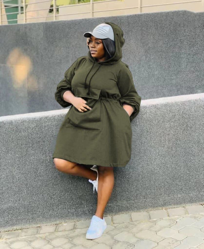 Dark-olive oversized hoodie dress with front pouch pocket and hood, long sleeves