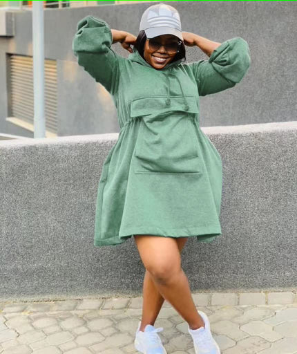 Green oversized hoodie dress with front pouch pocket and hood, long sleeves