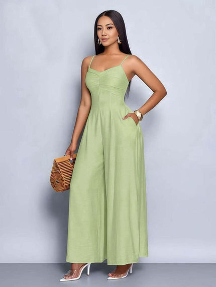 Mint-green pleated wide-leg jumpsuit with spaghetti straps and adjustable waist fit