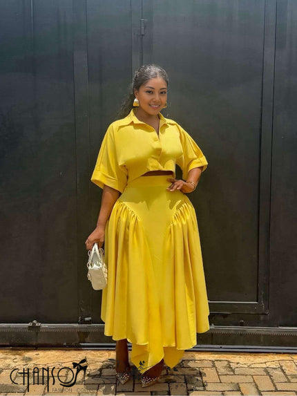 Yellow midi dress with short-sleeve button shirt top and gathered full skirt