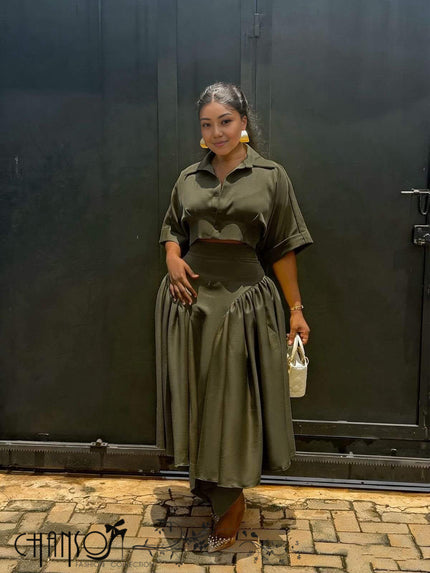 Army green midi dress with button shirt bodice and gathered asymmetrical skirt