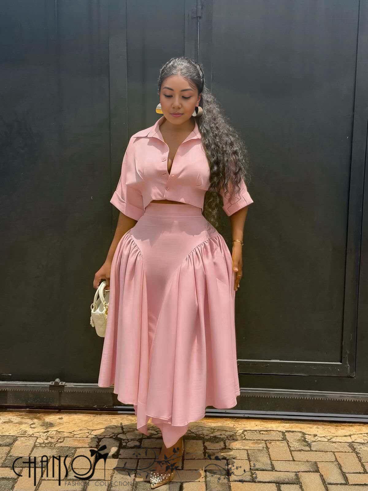 Pink midi dress with cropped short-sleeve button blouse and gathered asymmetric skirt