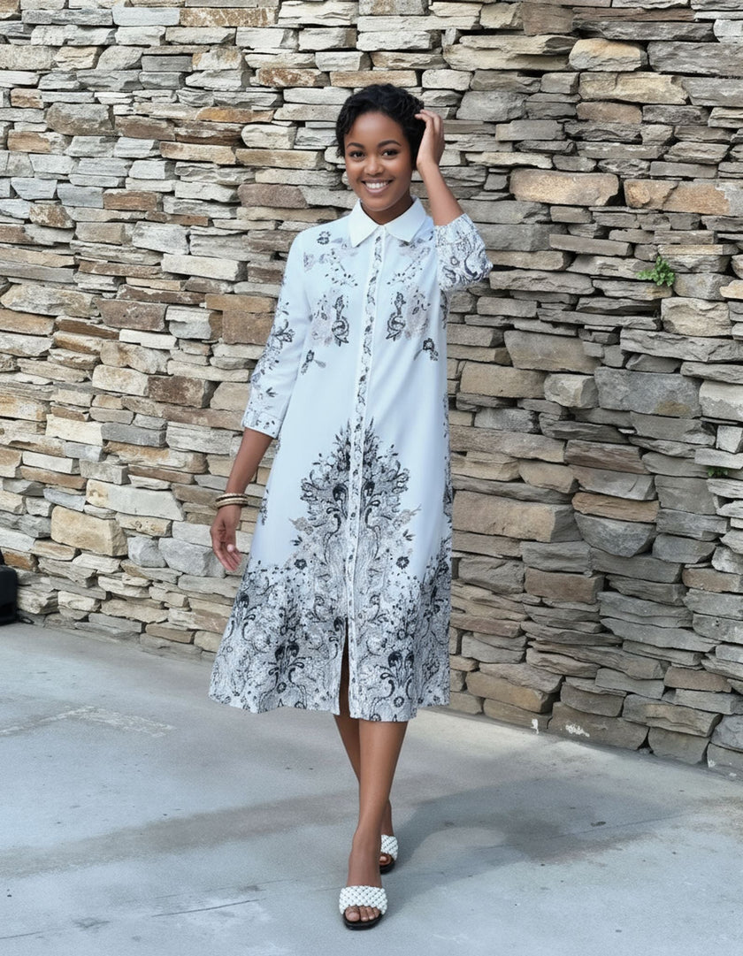 Collared Midi Shirt Dress with Ornamental Floral Print