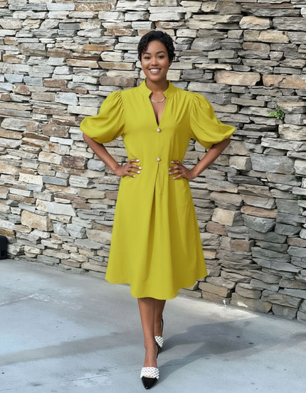 Yellow puff sleeve midi dress with V-neck, button-front bodice and flared skirt