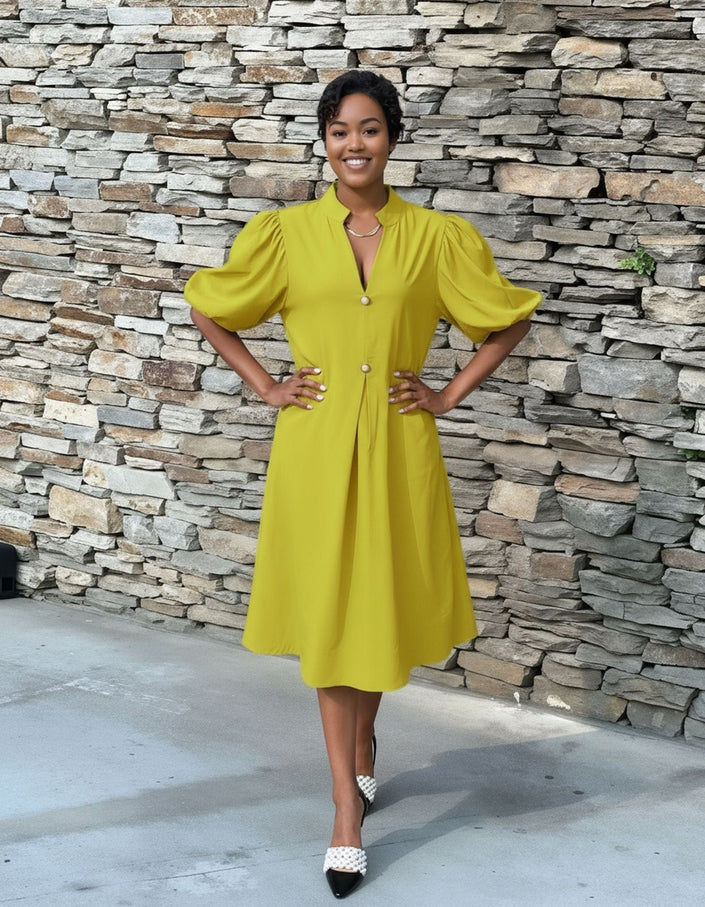 Yellow puff sleeve midi dress with V-neck, button-front bodice and flared skirt