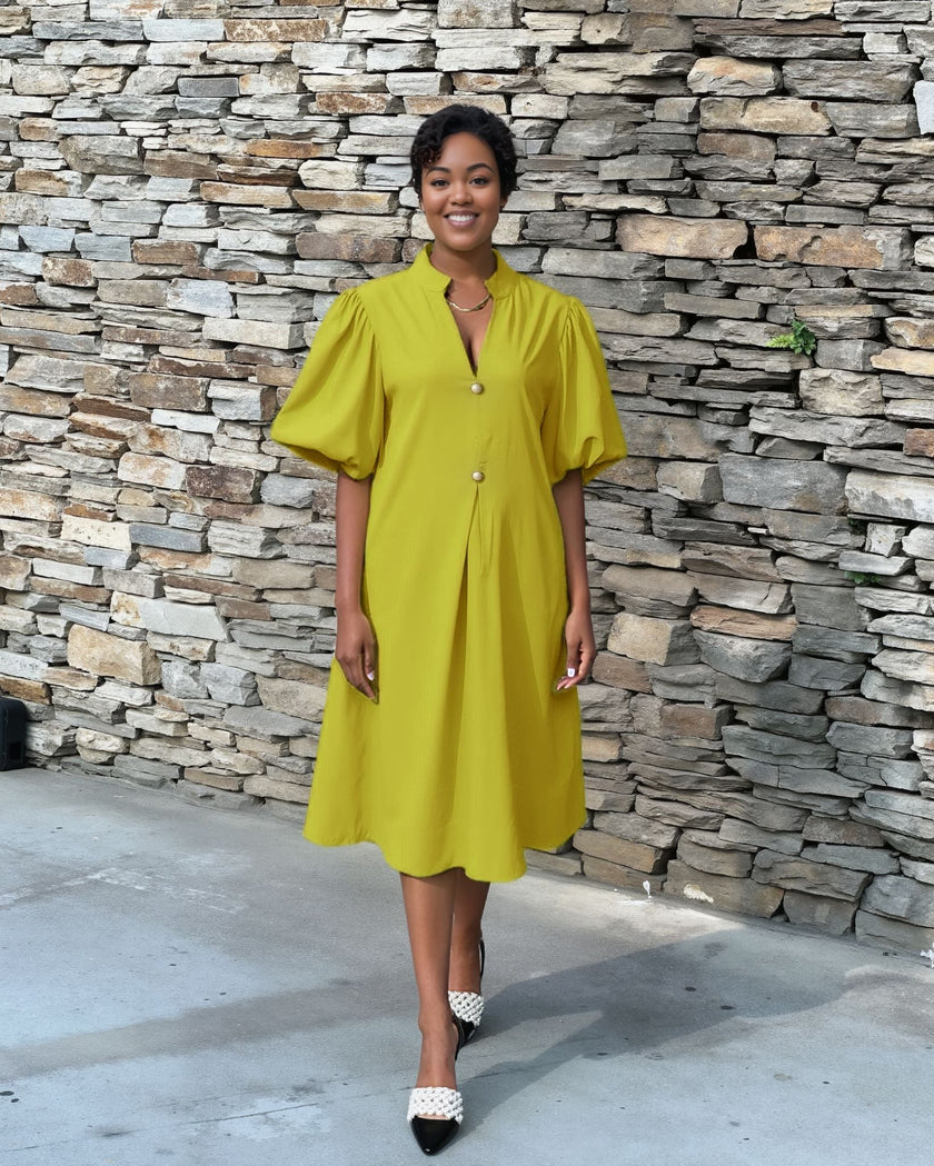 Puff Sleeve Midi Dress with Flared Skirt and Button Detail