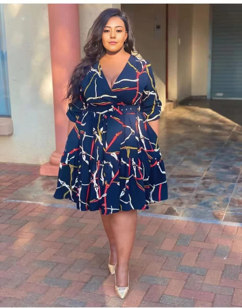 V-Neck Long Sleeve Ruffle Hem Dress with Abstract Print