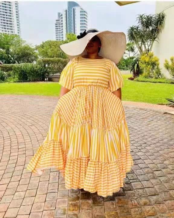 Striped & Checkered Full-Length Dress with Short Sleeves