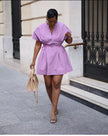 Belted A-line mini dress with V-neck, light purple