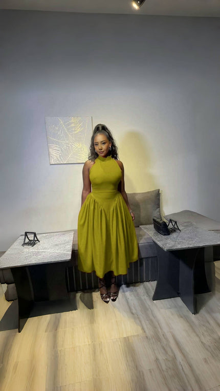 Pleated halter midi dress, lime green, sleeveless with gathered waist skirt