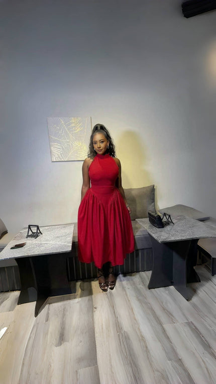 Pleated halter midi dress, red, sleeveless with fitted waistband and skirt