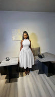 Pleated halter midi dress, white, sleeveless bodice with flared skirt