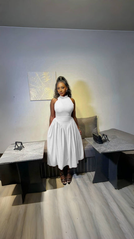 Pleated halter midi dress, white, sleeveless bodice with flared skirt