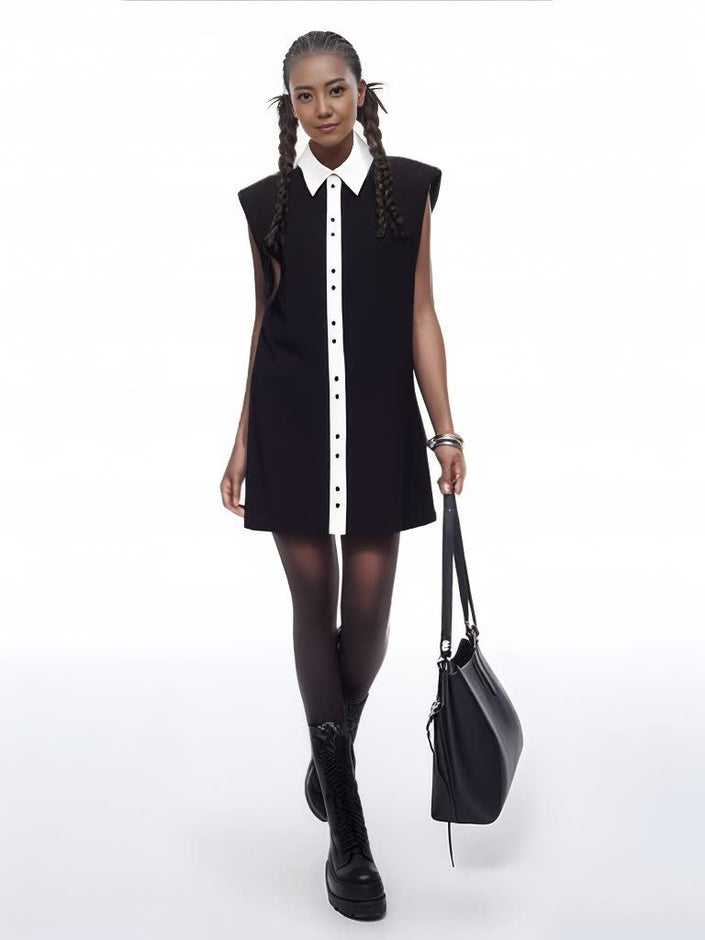 Sleeveless shirt dress with contrast white collar and button placket, black
