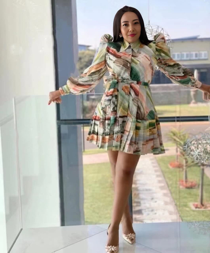 Long-Sleeved Knee-Length Dress with Belted Waist and Button Front Detail