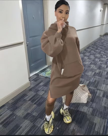 Brown hoodie dress with relaxed fit, front pocket, and long sleeves