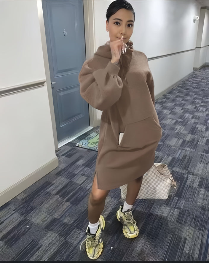 Brown hoodie dress with relaxed fit, front pocket, and long sleeves