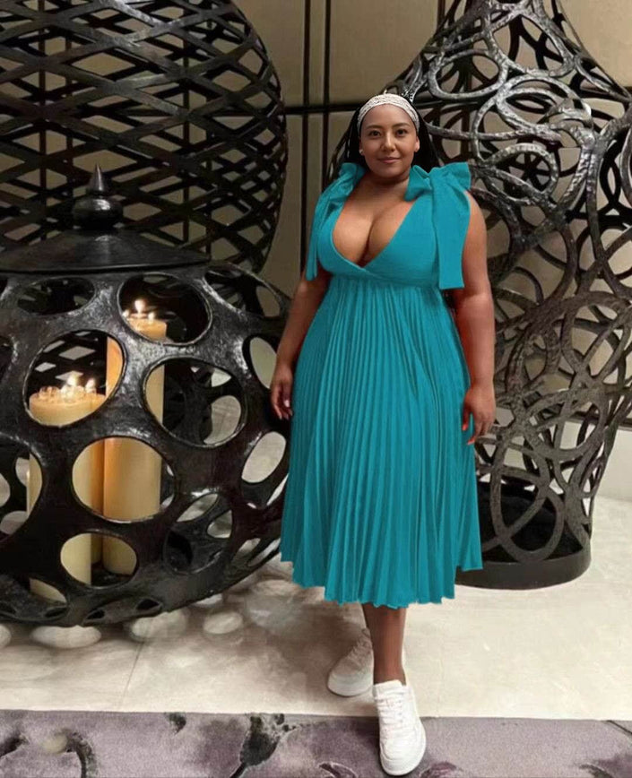 Dark-cyan pleated midi dress with bow shoulder straps and V-neckline