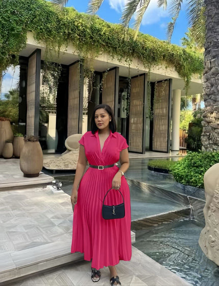 Hot-pink pleated midi dress with belted waist and short sleeves