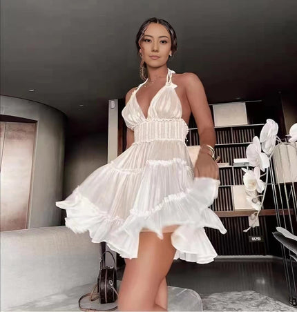 Ruffle mini dress with sheer layered V-neck and tiered skirt, white, sleeveless