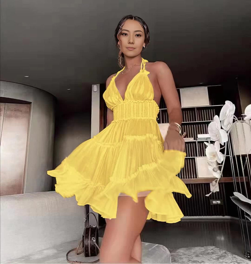 Sleeveless V-Neck Ruffle Detail Layered Sheer Dress